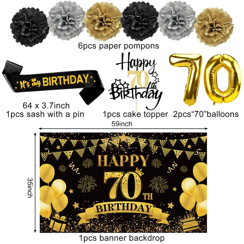 Eucutur 42PCS 70th Birthday Decoration Kit for Men Women, Black Gold Happy 70th Bday Banner Balloons Honeycomb Centerpiece Swirl Paper Pompoms Party Supplies, 70 Bday Sash Table Cake Topper Swirls Set - Image 3